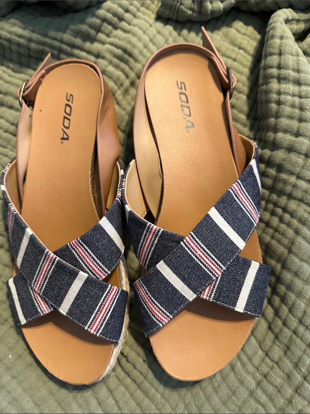 Soda Navy, White & Red Striped Crossband Slingback Sandals